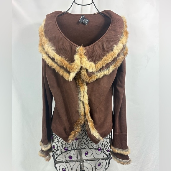 CABO chocolate brown ribbed cardigan with faux fur lining size L - Picture 1 of 9